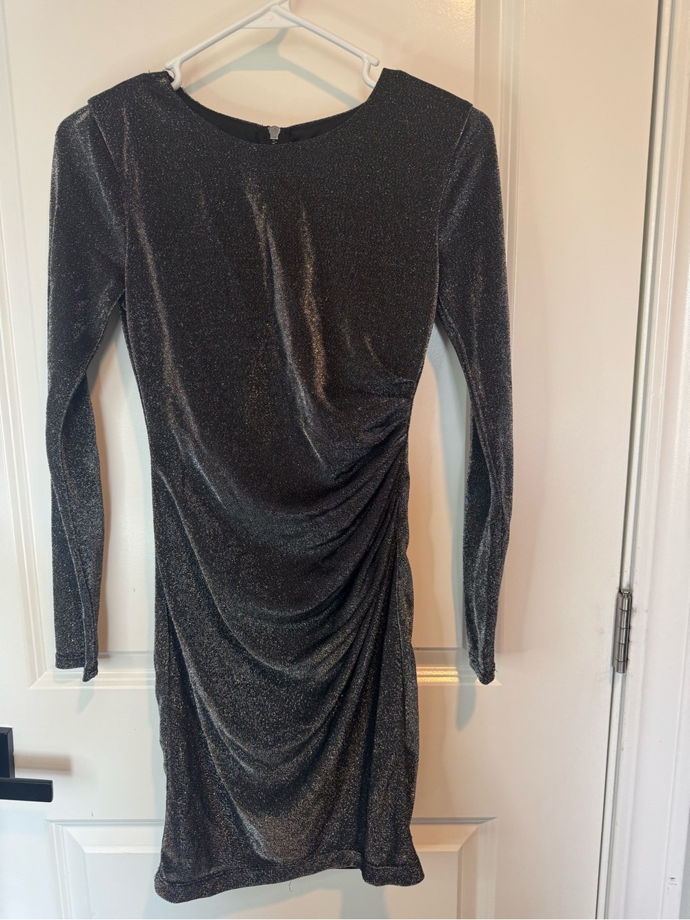 B. Smart Shimmery Black Long-Sleeve Ruched Dress